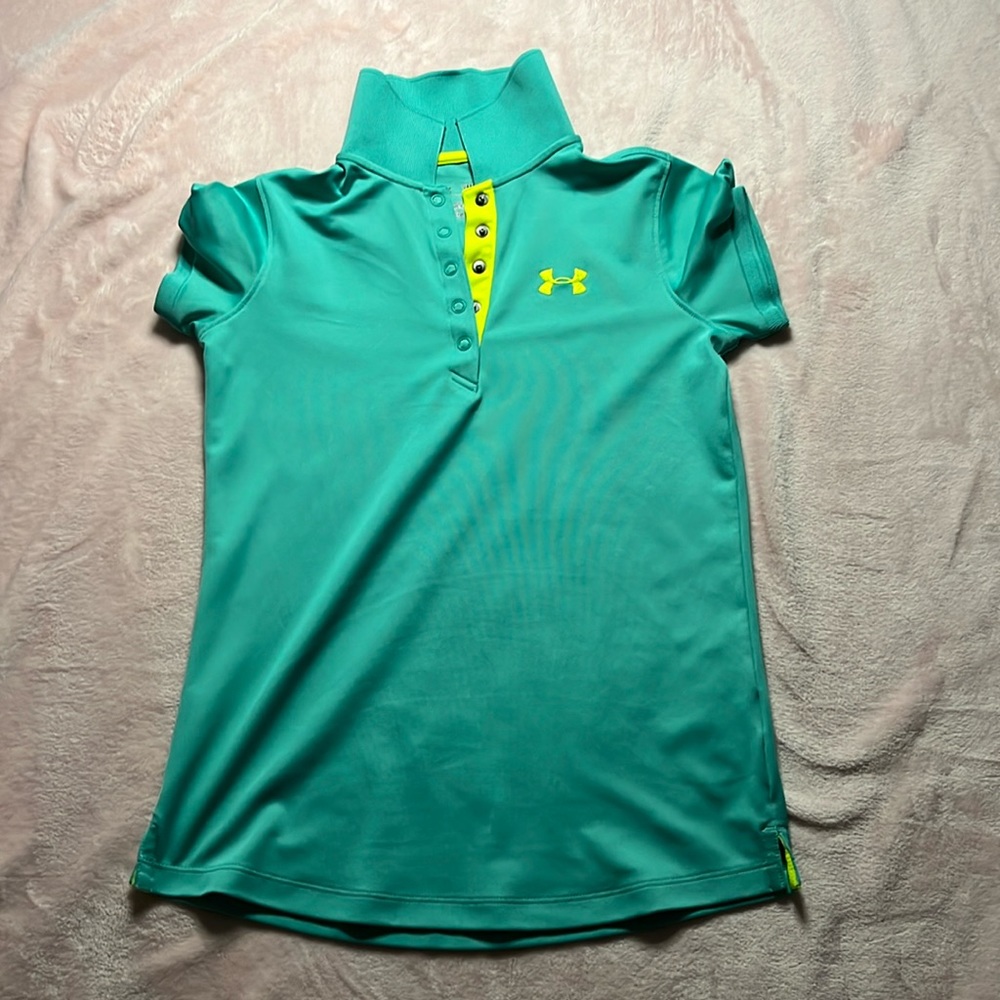 Girls youth, medium, teal, under armor, fitted collared, shirt